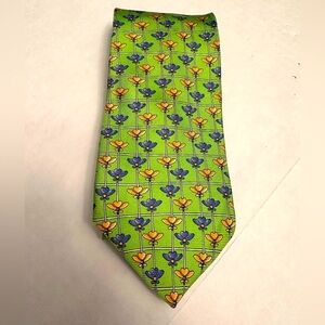 TOM JAMES Made In USA 100% Silk Necktie Green‎ With Blue And Yellow Flowers